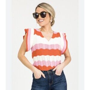 THML knit White Pink Orange stripe Flutter top Size M